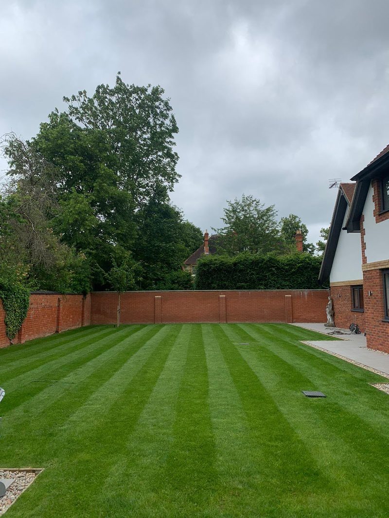 A neatly striped lawn running up to a tall red-brick garden wall, tall trees beyond it and the corner of a brick-and-render house on the right