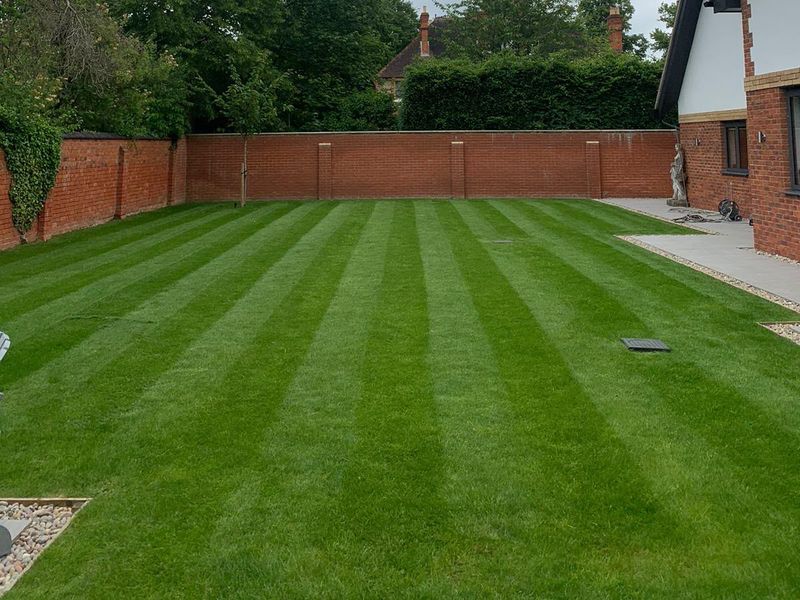 A lawn mown in stripes, running back to a red-brick garden wall, the house to one side